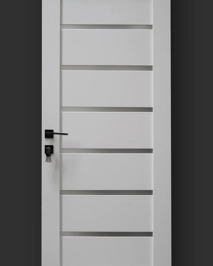 Ușă interior Mira alba cu sticla mata-model modern cu toc reglabil, complet echipată