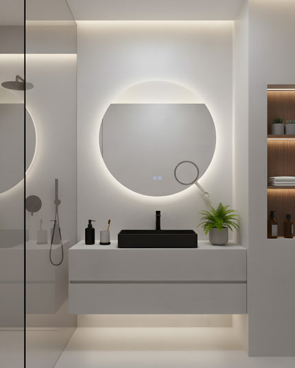 Oglindă LED Rotundă H-2003 cu Lumină COB, Anti-Aburire, 3 Nuante de Lumină și Lupă Cosmetica