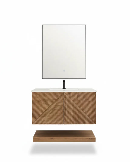 Set Mobilier Baie din Lemn cu Design Geometric & Oglindă LED – Model Premium