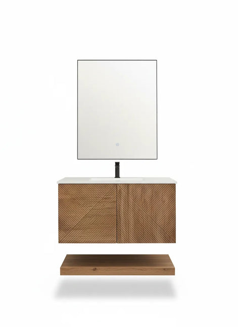 Set Mobilier Baie din Lemn cu Design Geometric & Oglindă LED – Model Premium