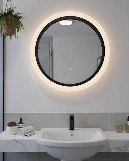 Oglindă rotundă cu LED H-2022, ramă acril + aluminiu negru, 3 nuanțe de lumină, anti-aburire, senzor infraroșu & comutator tactil