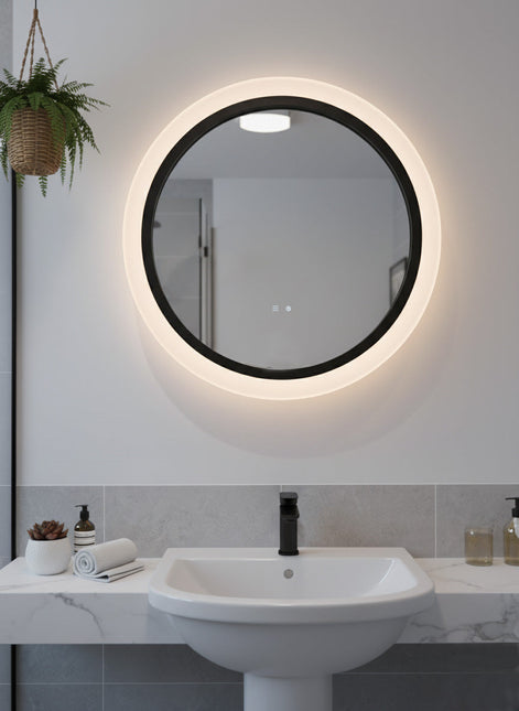 Oglindă rotundă cu LED H-2022, ramă acril + aluminiu negru, 3 nuanțe de lumină, anti-aburire, senzor infraroșu & comutator tactil
