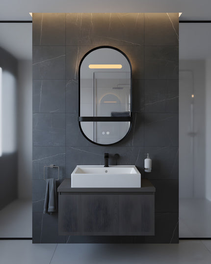 Oglindă LED Baie H-3086 cu Ramă și Raft Aluminiu Negru – Anti-aburire & 3 Lumini