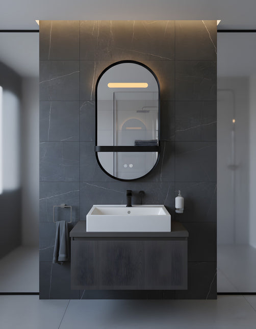 Oglindă LED Baie H-3086 cu Ramă și Raft Aluminiu Negru – Anti-aburire & 3 Lumini