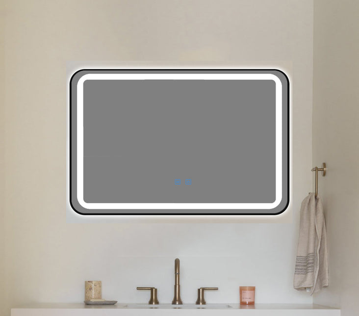 Oglindă baie LED H11 cu ramă neagră, 3 lumini, anti-aburire și touch control