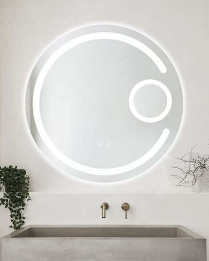 Oglindă baie LED ⌀70 cm rotundă cu lupă cosmetică, 3 nuanțe de lumină, dezaburire și touch control J-13