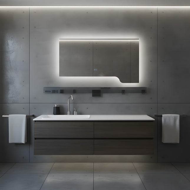 Oglindă baie LED H-3050 cu raft multifuncțional, 3 nuanțe de lumină, anti-aburire și comutator tactil