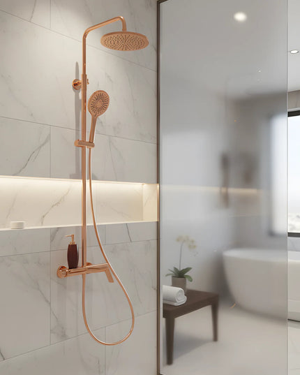 Set duș din alamă cu cioc de cadă integrat – Design premium rose gold