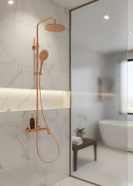 Set duș din alamă cu cioc de cadă integrat – Design premium rose gold