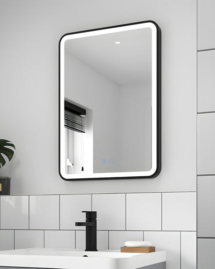 Oglindă LED H-1110 cu ramă aluminiu negru și funcție anti-aburire
