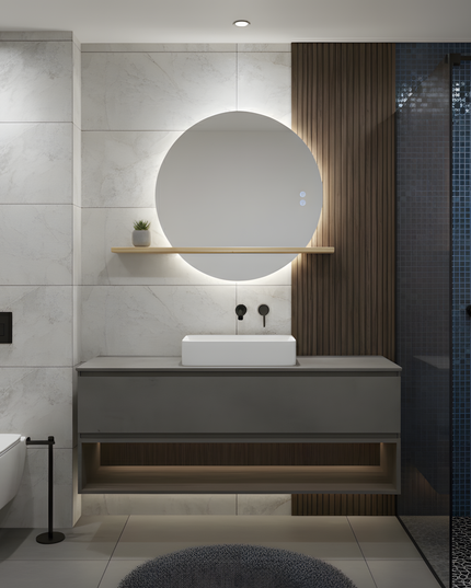 Oglindă Rotundă LED H-2004 cu Raft din Lemn – 3 Nuante de Lumină, Anti-Aburire, Touch Control