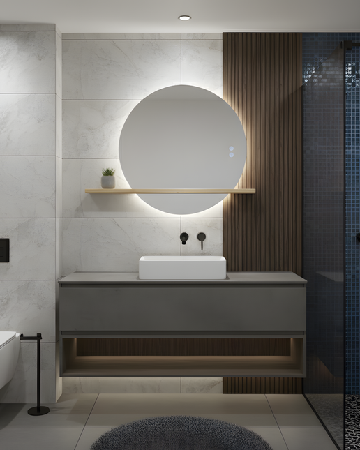 Oglindă Rotundă LED H-2004 cu Raft din Lemn – 3 Nuante de Lumină, Anti-Aburire, Touch Control