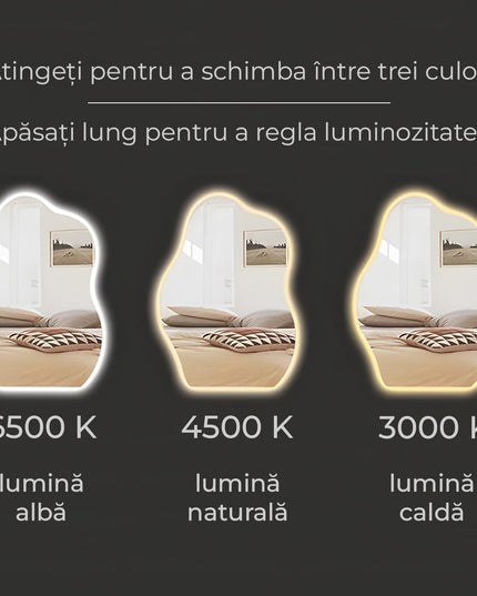 Oglindă baie LED H-3022 – formă neregulată, 3 lumini și anti-aburire