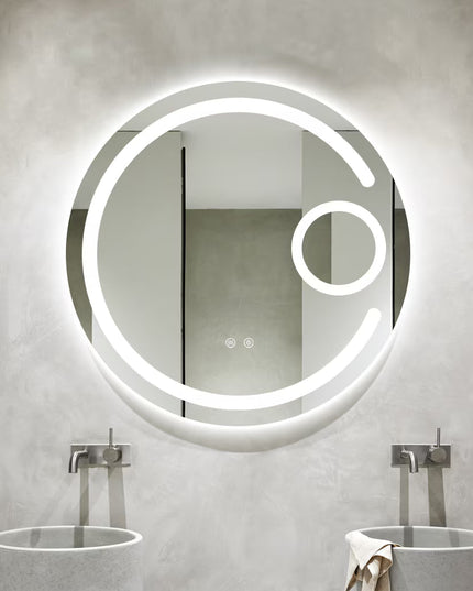 Oglindă baie LED ⌀70 cm rotundă cu lupă cosmetică, 3 nuanțe de lumină, dezaburire și touch control J-13