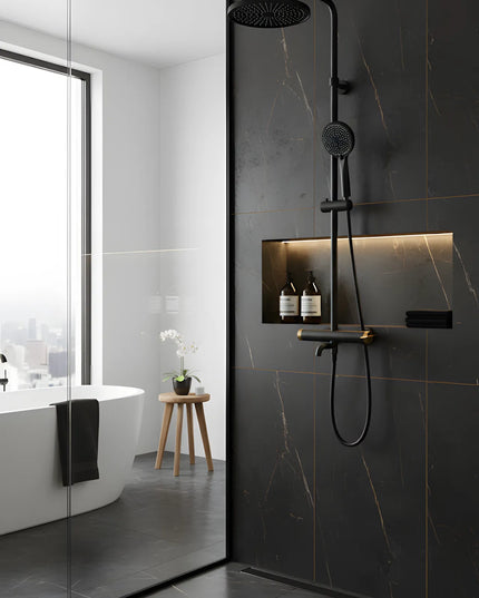 Set duș Royal Black & Gold – design modern cu cioc de cadă și comenzi texturate