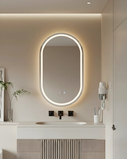 Oglindă baie LED 50x100 cm ovală, 3 nuanțe de lumină și senzor infraroșu J-120