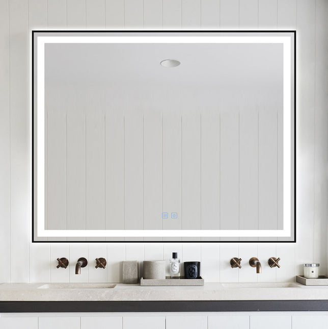Oglindă baie LED H-142 ramă negru mat, anti-aburire și touch