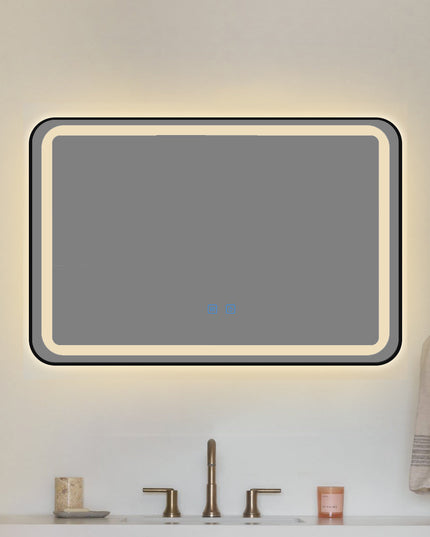 Oglindă baie LED H11 cu ramă neagră, 3 lumini, anti-aburire și touch control