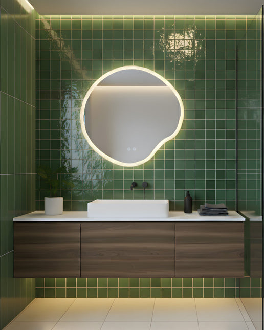 Oglindă baie LED H-3018, forma neregulată, 3 nuanțe de lumină, anti-aburire, touch control