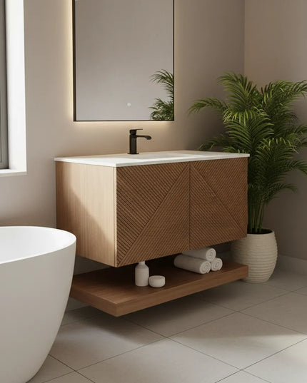 Set Mobilier Baie din Lemn cu Design Geometric & Oglindă LED – Model Premium