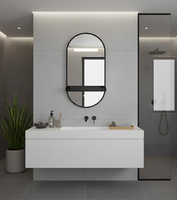 Oglindă LED Baie H-3086 cu Ramă și Raft Aluminiu Negru – Anti-aburire & 3 Lumini