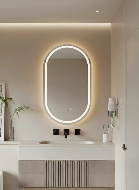 Oglindă baie LED H120 ovală cu 3 lumini, senzor IR și anti-aburire