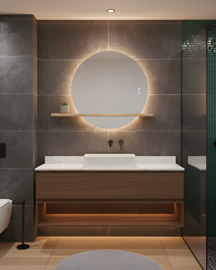 Oglindă Rotundă LED H-2004 cu Raft din Lemn – 3 Nuante de Lumină, Anti-Aburire, Touch Control