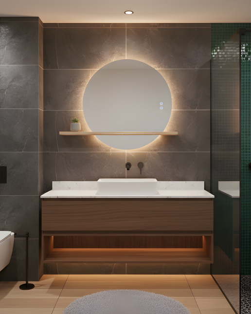 Oglindă Rotundă LED H-2004 cu Raft din Lemn – 3 Nuante de Lumină, Anti-Aburire, Touch Control