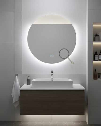 Oglindă LED Rotundă H-2003 cu Lumină COB, Anti-Aburire, 3 Nuante de Lumină și Lupă Cosmetica