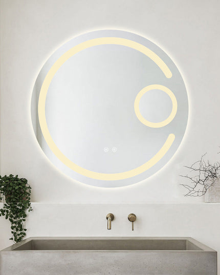 Oglindă baie LED ⌀70 cm rotundă cu lupă cosmetică, 3 nuanțe de lumină, dezaburire și touch control J-13