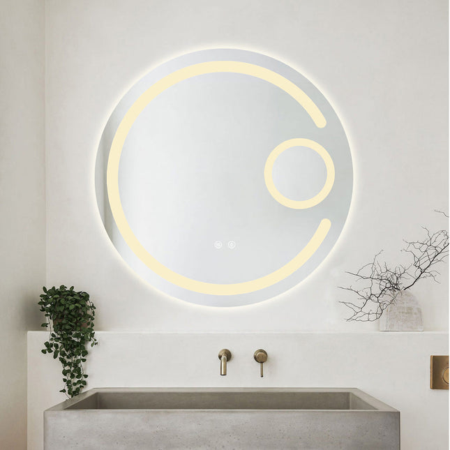 Oglindă baie LED H13 rotundă cu 3 lumini, anti-aburire, touch control și lupă