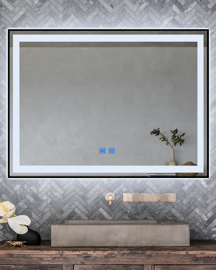 Oglindă baie LED H-130 cu ramă aluminiu negru, 3 nuanțe de lumină, anti-aburire și touch