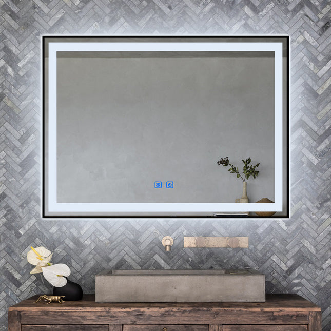 Oglindă baie LED H-130 cu ramă aluminiu negru, 3 nuanțe de lumină, anti-aburire și touch