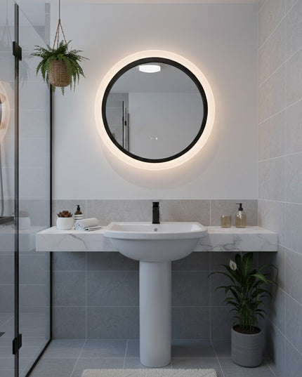Oglindă rotundă cu LED H-2022, ramă acril + aluminiu negru, 3 nuanțe de lumină, anti-aburire, senzor infraroșu & comutator tactil