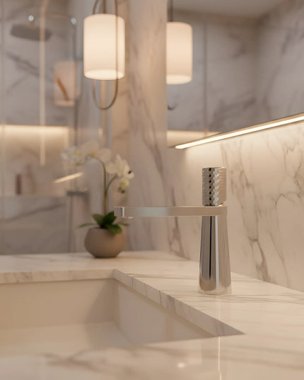 Baterie lavoar crom lucios cu textură ciocănită – design contemporan din alamă solidă