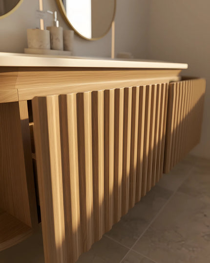 Set Mobilier Baie Dublu din Lemn cu Două Lavoare & Oglinzi LED – Design Premium