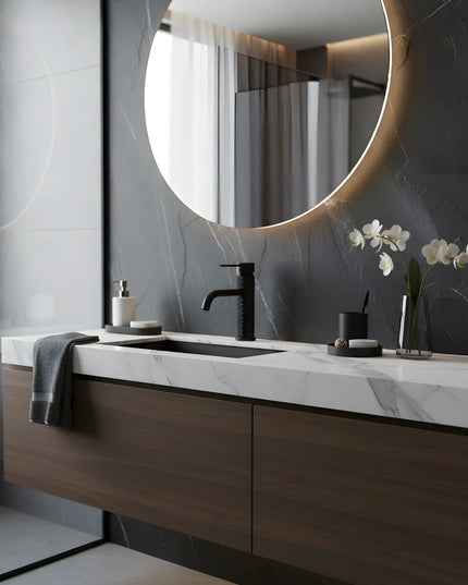 Baterie lavoar negru mat cu textură canelată – design contemporan din alamă solidă