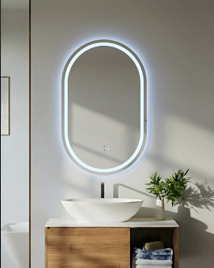 Oglindă baie LED 50x100 cm ovală, 3 nuanțe de lumină și senzor infraroșu J-120