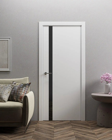 Ușă interior City White Silk Mat – cu sticlă neagră aplicată și toc reglabil, complet echipată