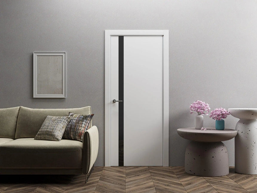 Ușă interior City White Silk Mat – cu sticlă neagră aplicată și toc reglabil, complet echipată