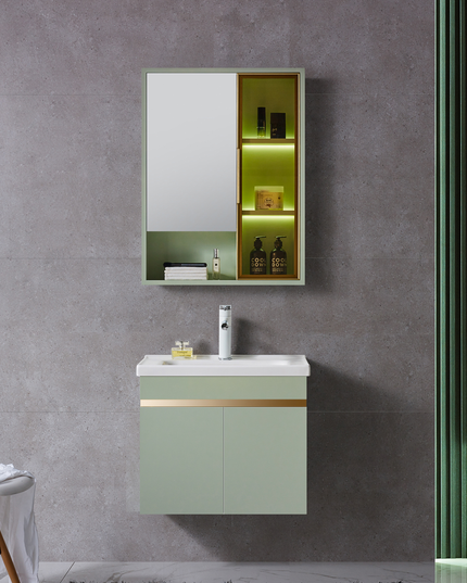 Set complet mobilier baie suspendat Viena cu lavoar și dulap cu oglindă – verde pastel