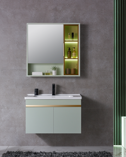 Set complet mobilier baie suspendat Viena cu lavoar și dulap cu oglindă – verde pastel