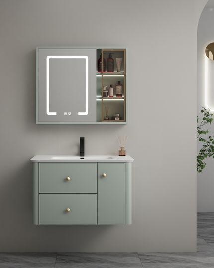 Set complet mobilier baie suspendat Serena cu lavoar și dulap cu oglindă LED – verde fistic