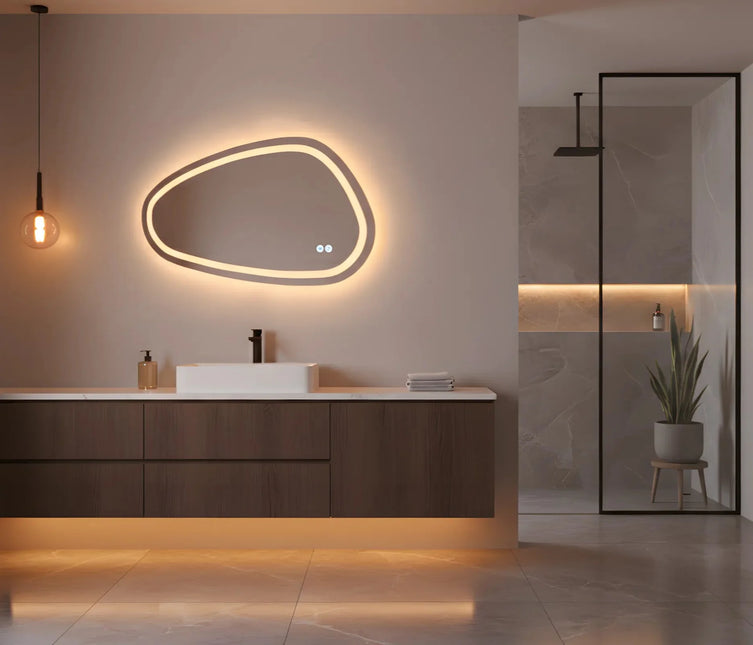 Oglindă baie LED H18 asimetrică cu 3 lumini, anti-aburire și touch control