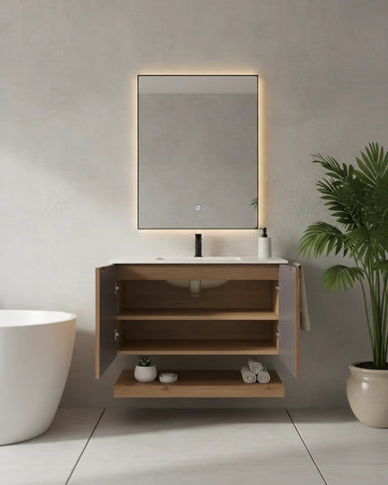 Set Mobilier Baie din Lemn cu Design Geometric & Oglindă LED – Model Premium