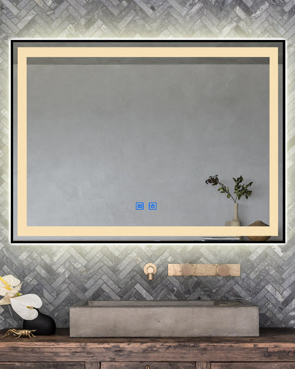 Oglindă baie LED H-130 cu ramă aluminiu negru, 3 nuanțe de lumină, anti-aburire și touch