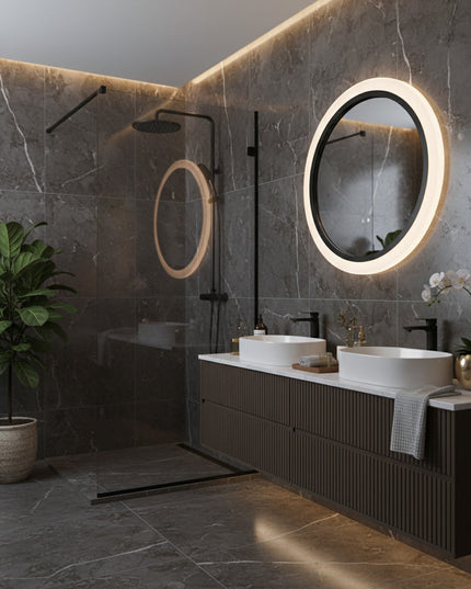 Oglindă rotundă cu LED H-2022, ramă acril + aluminiu negru, 3 nuanțe de lumină, anti-aburire, senzor infraroșu & comutator tactil