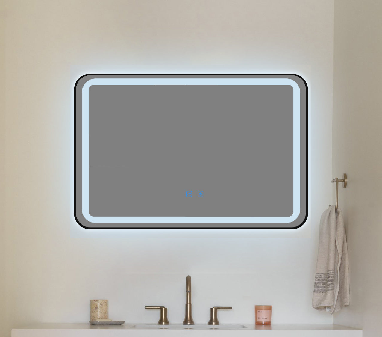 Oglindă baie LED H11 cu ramă neagră, 3 lumini, anti-aburire și touch control