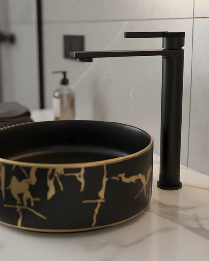 Baterie lavoar cu mâner rotund texturat vertical – finisaj negru mat