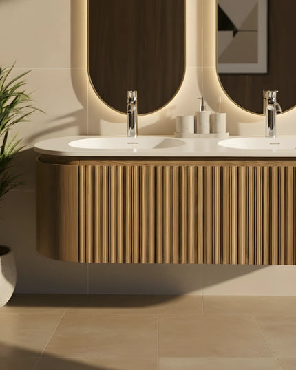 Set Mobilier Baie Dublu din Lemn cu Două Lavoare & Oglinzi LED – Design Premium